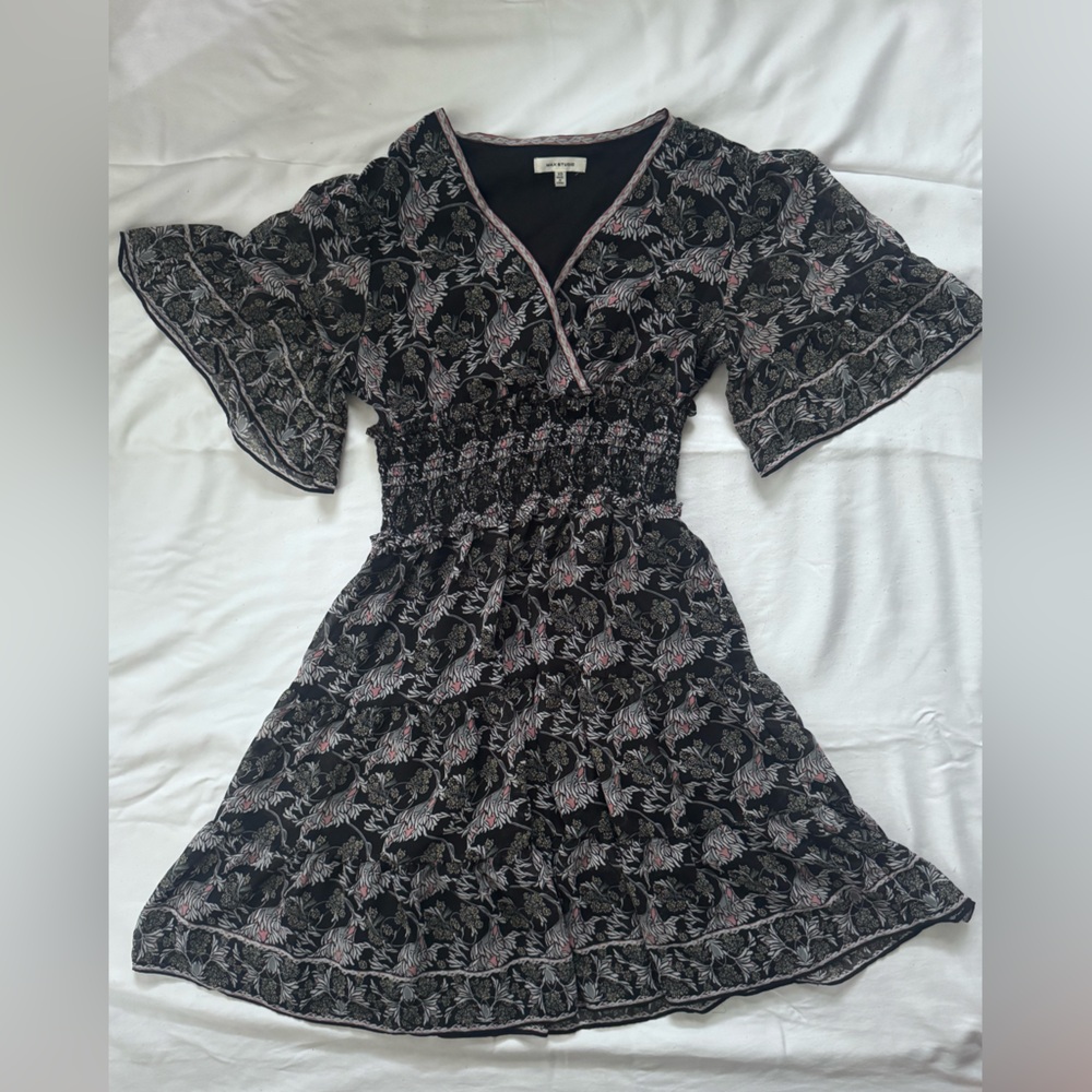 Max Studio Black Floral V-Neck Dress with Pink Trim
